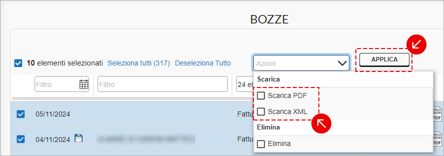 Come scaricare una o più bozze in formato .PDF, XML o SdI