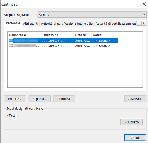 Aruba Key Windows - Verifica corretta importazione certificato