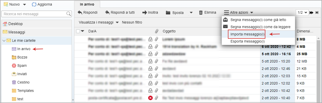 WebMail PEC Classic importare ed esportare messaggi Guide pec.it