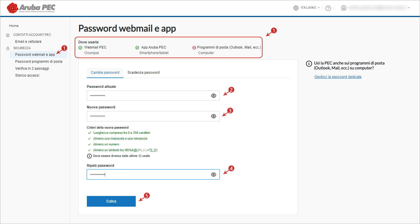 come cambiare la password della casella pec guide pec it