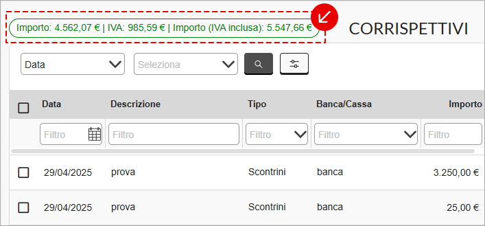 Funzionalità principali menu Incassi e pagamenti > Corrispettivi