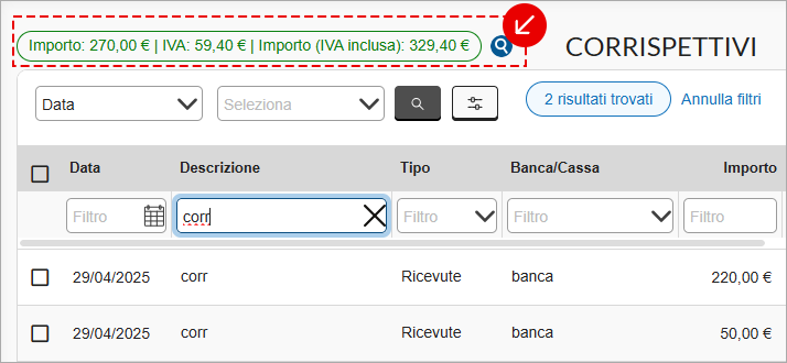 Funzionalità principali menu Incassi e pagamenti > Corrispettivi